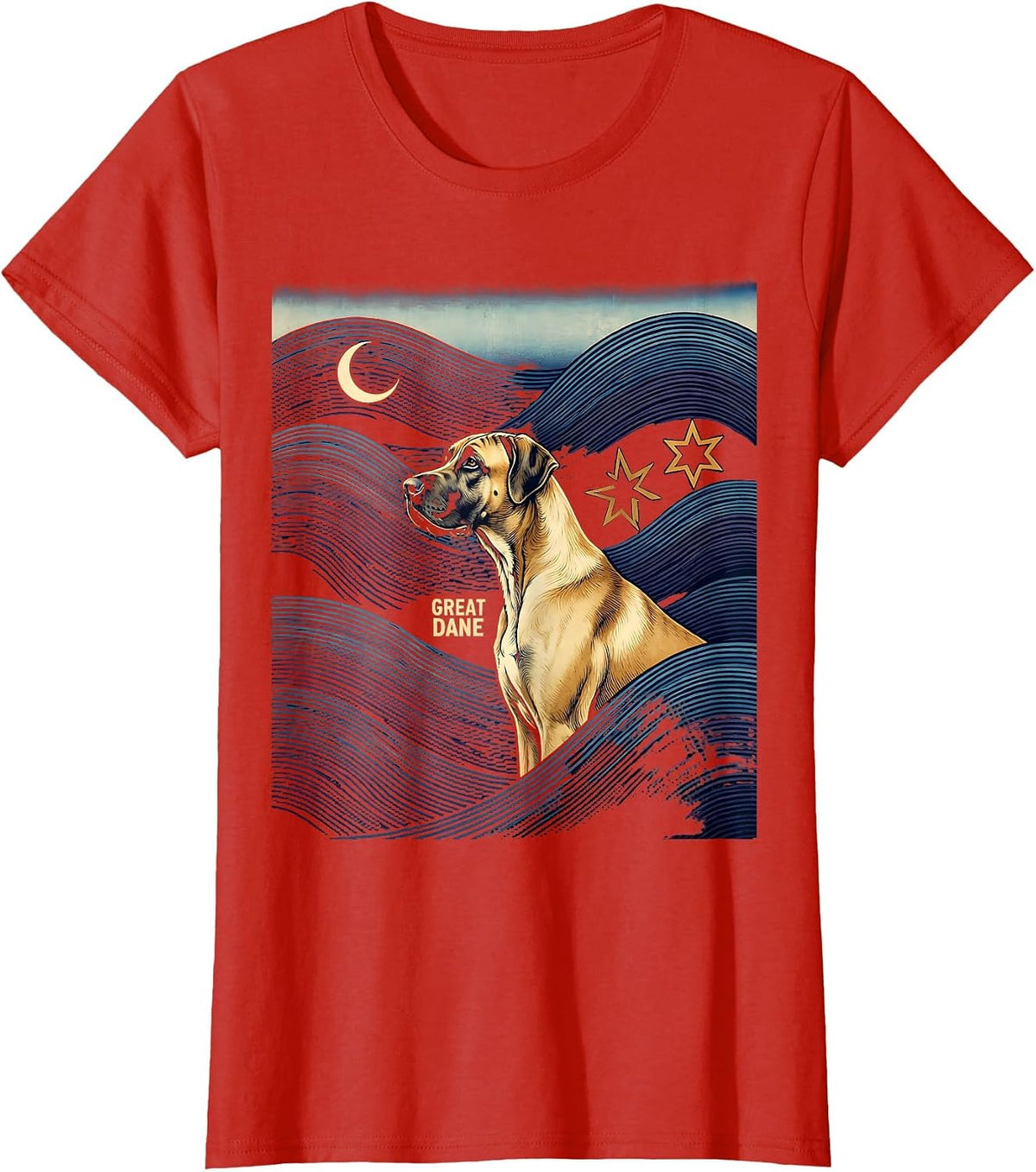 GREAT DANE Ukiyo-e Great Dane Owner Van Gogh Starry Night T-Shirt - Red