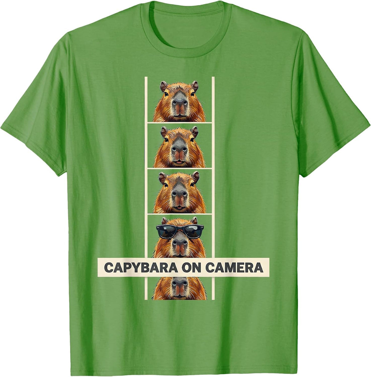 Men's Capybara On Camera Funny Animal Portrait Photobooth Humor T-Shirt - Grass Green
