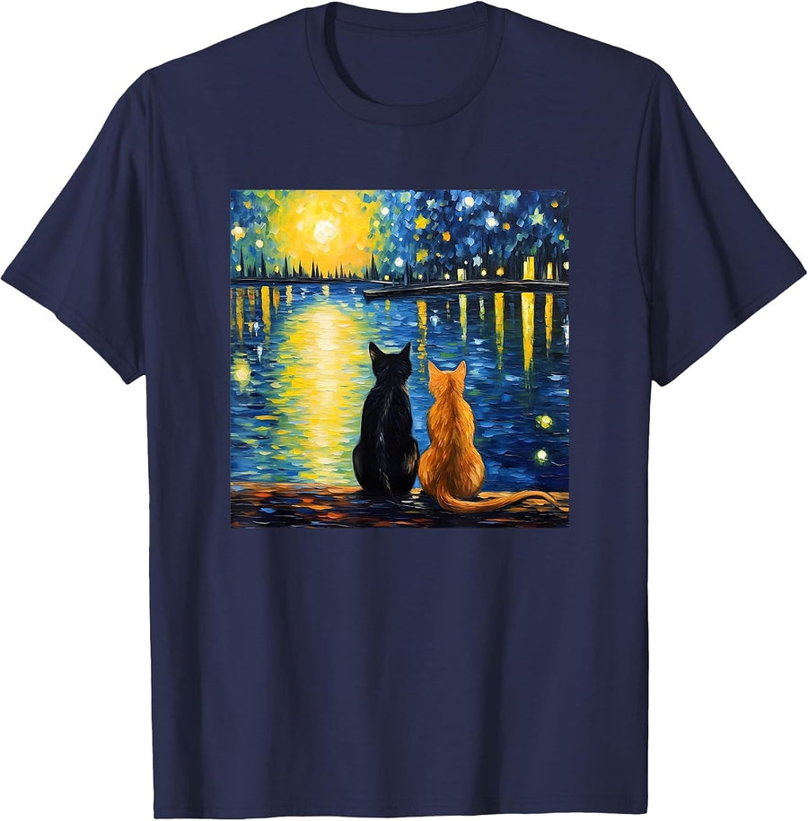 Two Cats Starry Night Lover Cat Art Painting Kitten Van Gogh T-Shirt - Navy Blue