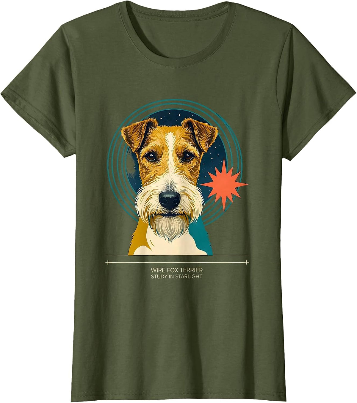 Women's Wire Fox Terrier, Study In Starlight Midcentury Modern Dog T-Shirt - Olive Green