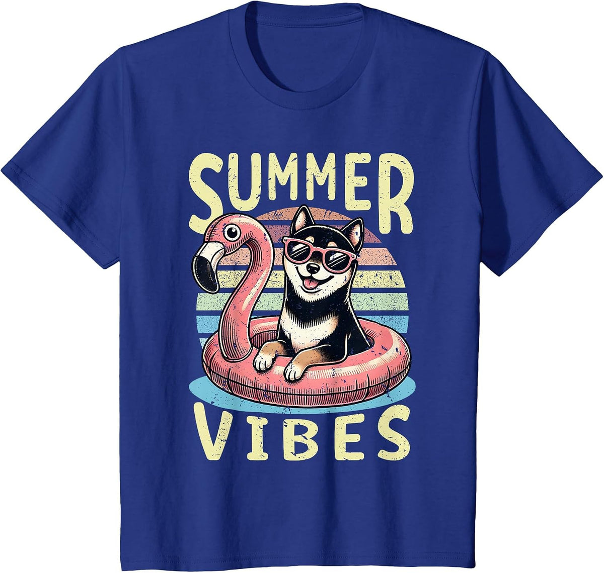 Retro Summer Vibes Black and Tan Shiba Inu Dog Vacation Trip T-Shirt - Royal Blue