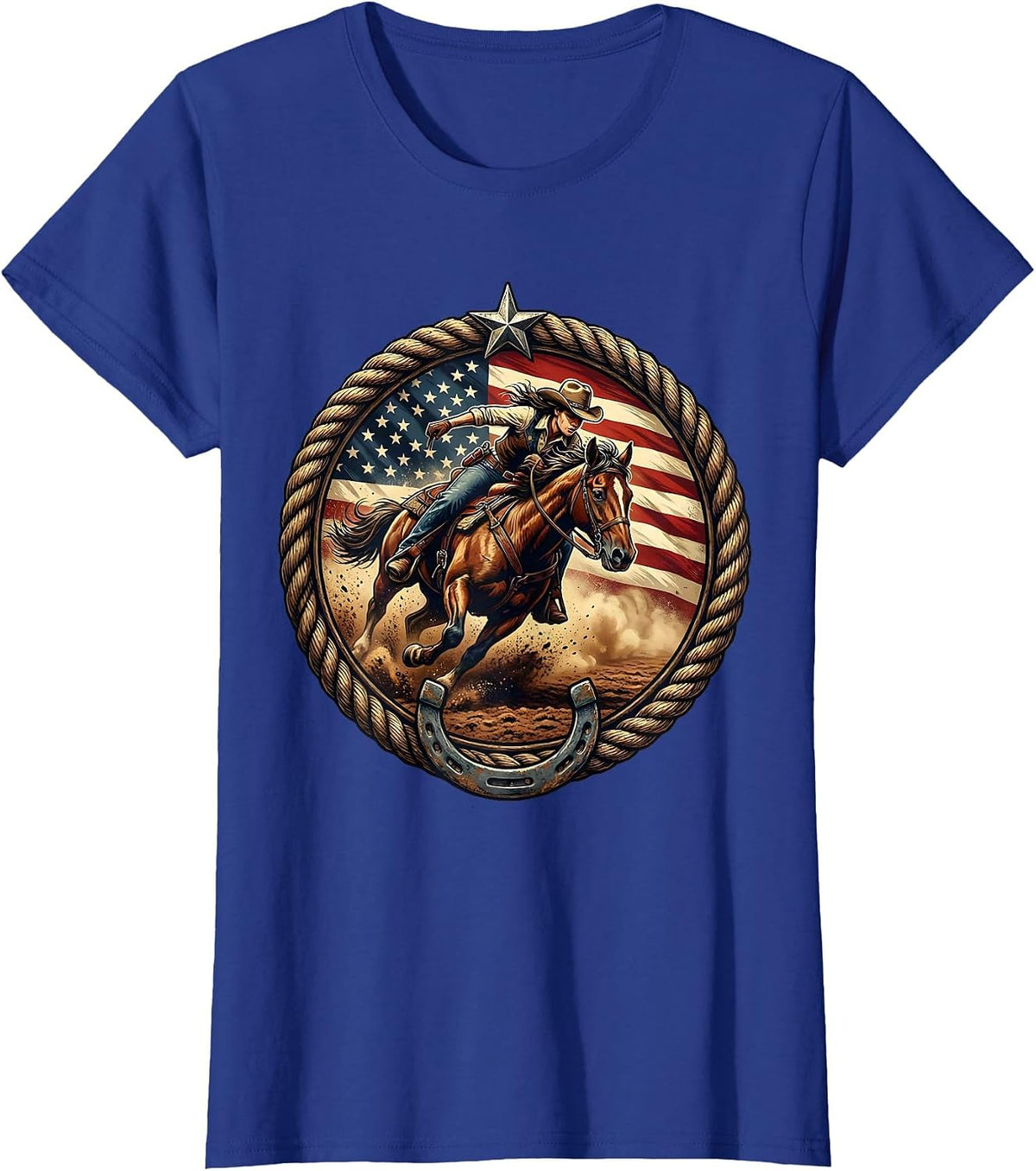 Women's Cowgirl Barrel Racing Dusty Turn Rodeo Graphic T-Shirt - Royal Blue