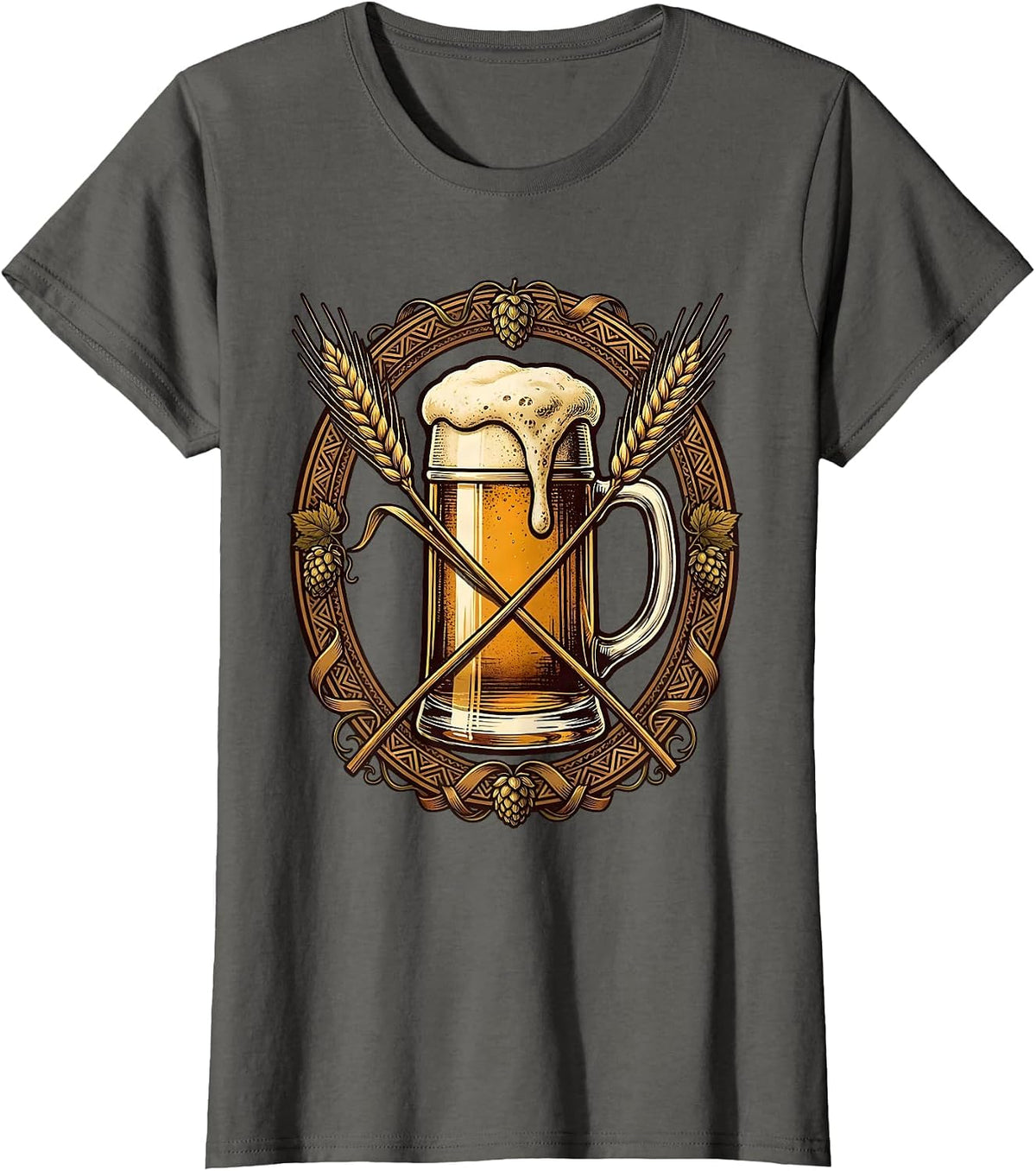 Women's Vintage Oktoberfest Beer Label Ornate Border Design T-Shirt - Asphalt Grey