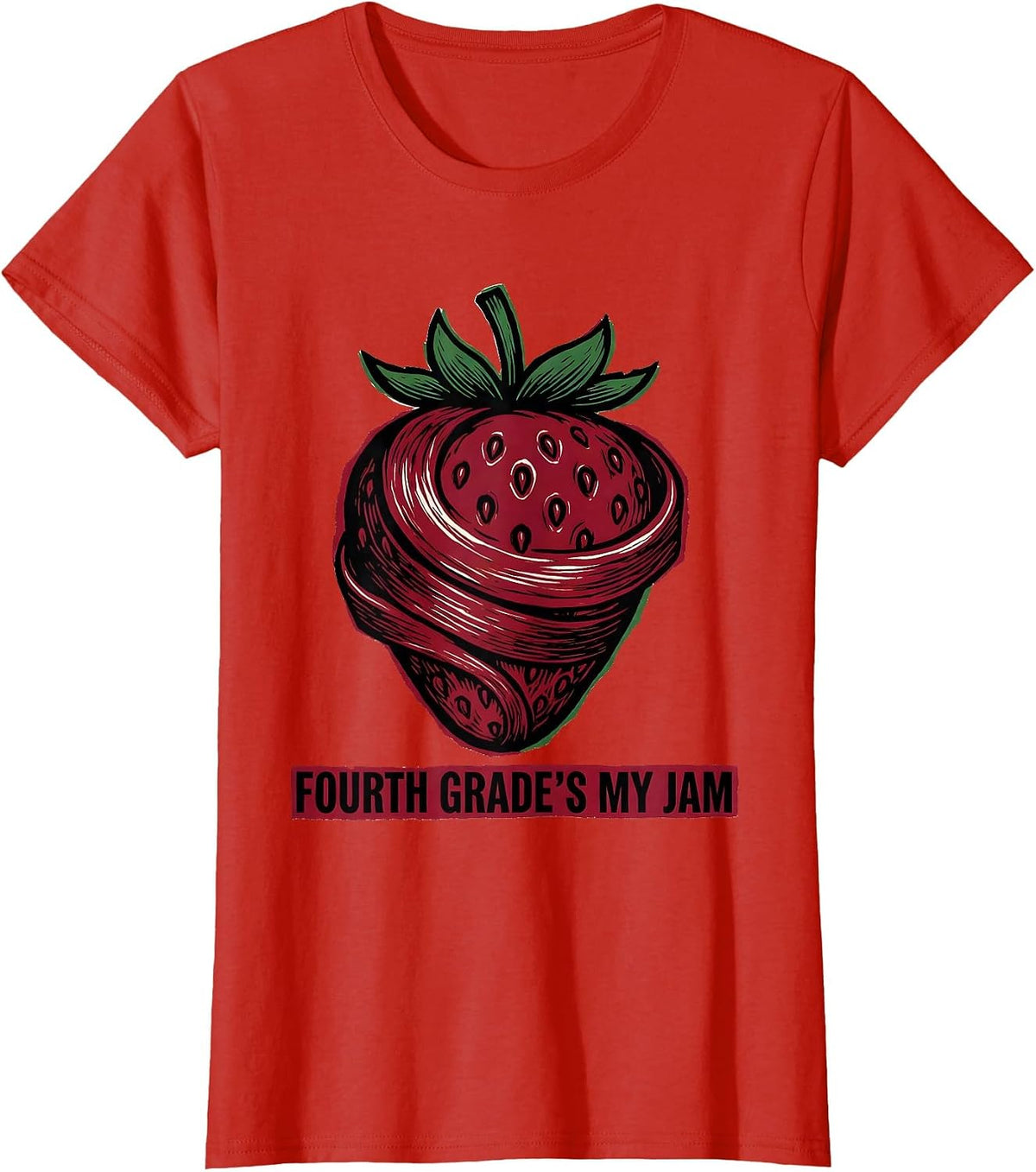 Fourth Grade's My Jam Linocut Strawberry Back to School T-Shirt - Red