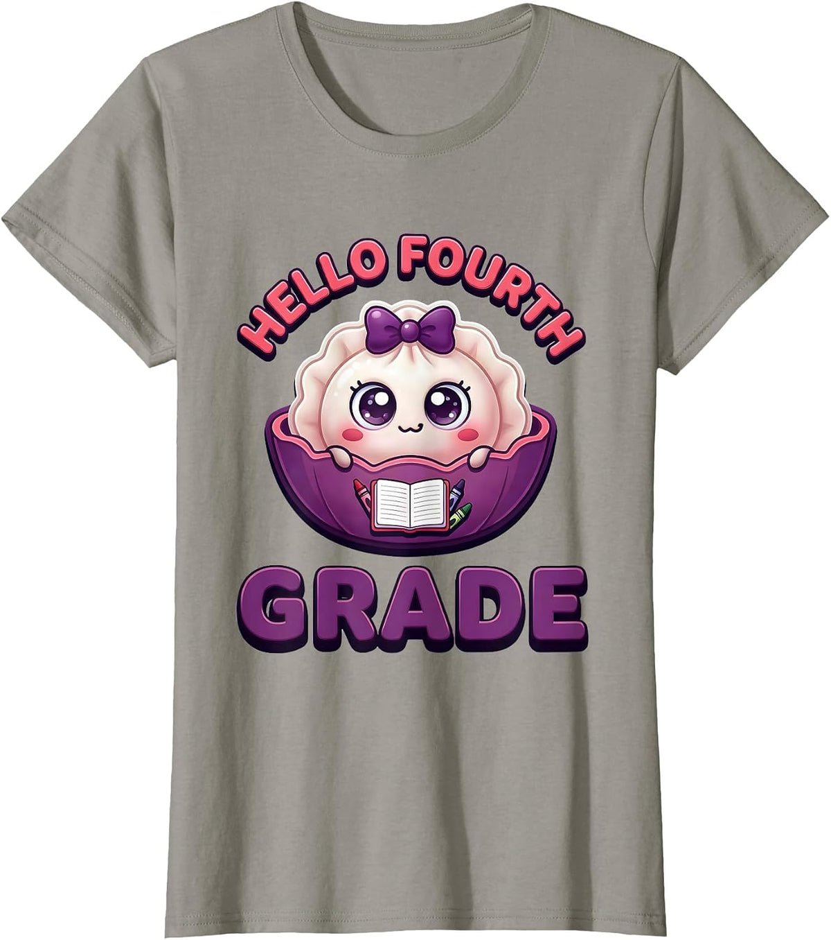 Hello Fourth Grade Cute Dumpling Back to School Girl Teacher T-Shirt, Women, Slate Grey, Large - As Pictured
