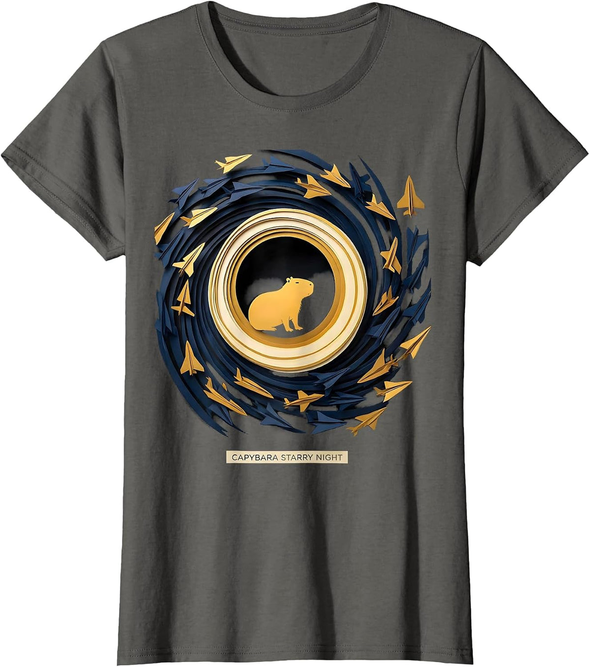 Women's Capybara Starry Night Paper Cutout Van Gogh Parody Animal T-Shirt - Asphalt Grey