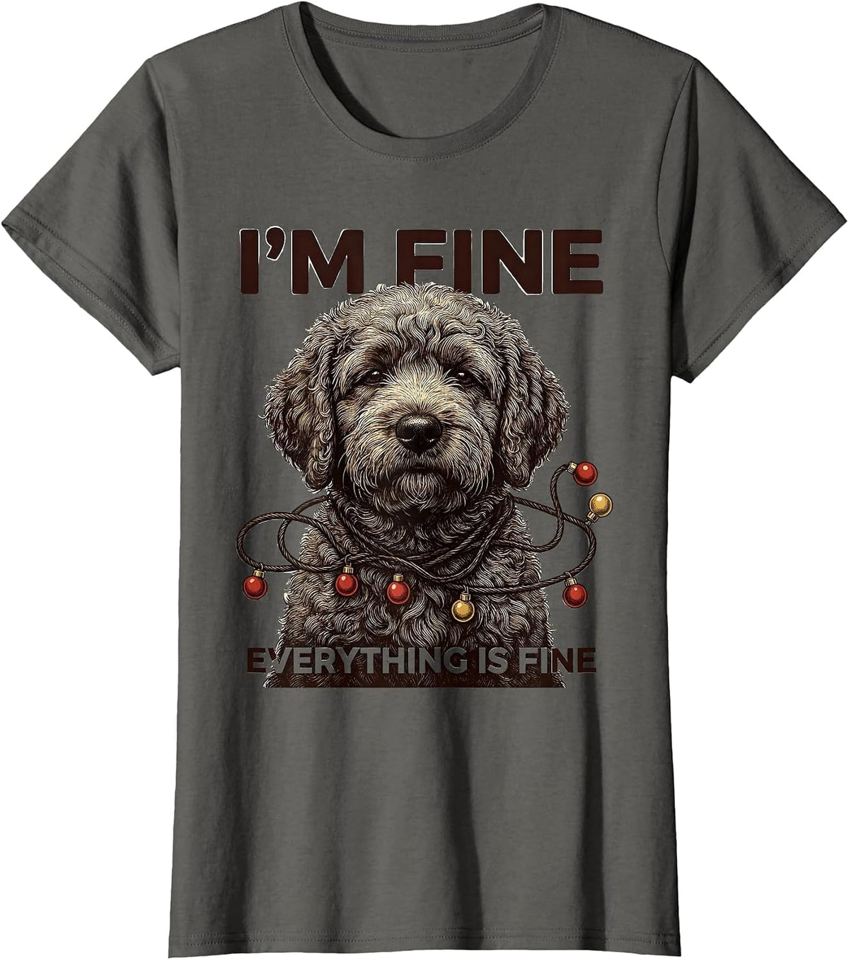Women's I'm Fine Everything Is Fine Black Labradoodle Christmas T-Shirt - Asphalt Grey