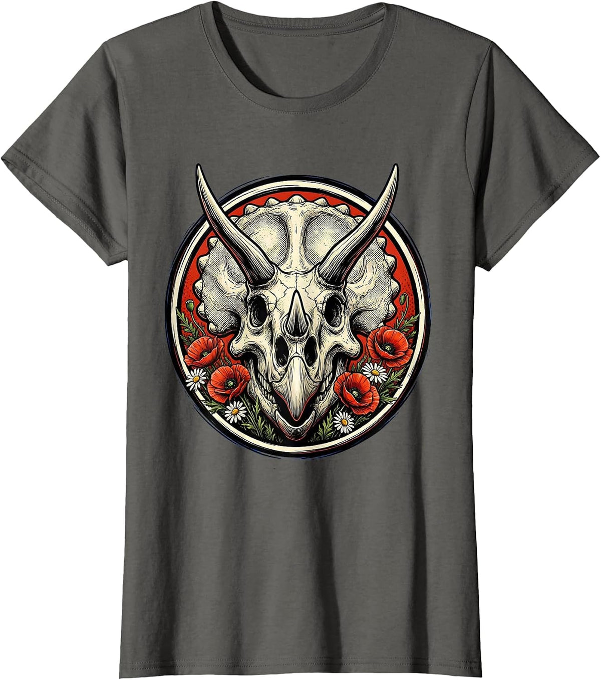 Women's Triceratops Skull Wildflowers Dinosaur Illustration T-Shirt - Asphalt Grey
