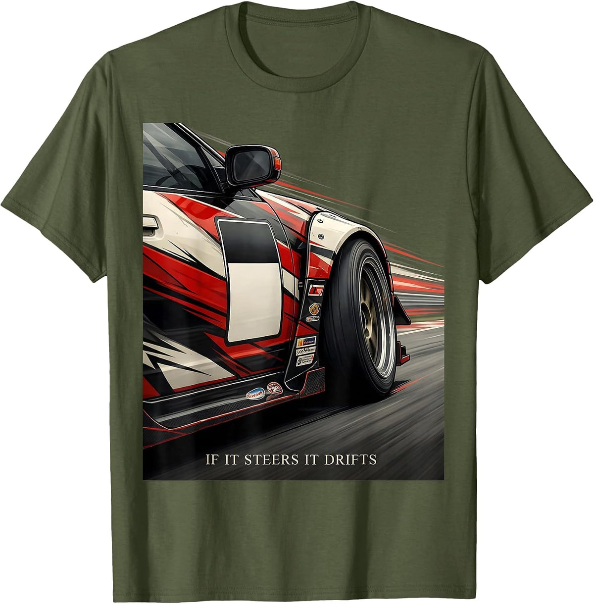 Men's If It Steers It Drifts Retro Vintage JDM Drift Car Graphic T-Shirt - Olive Green