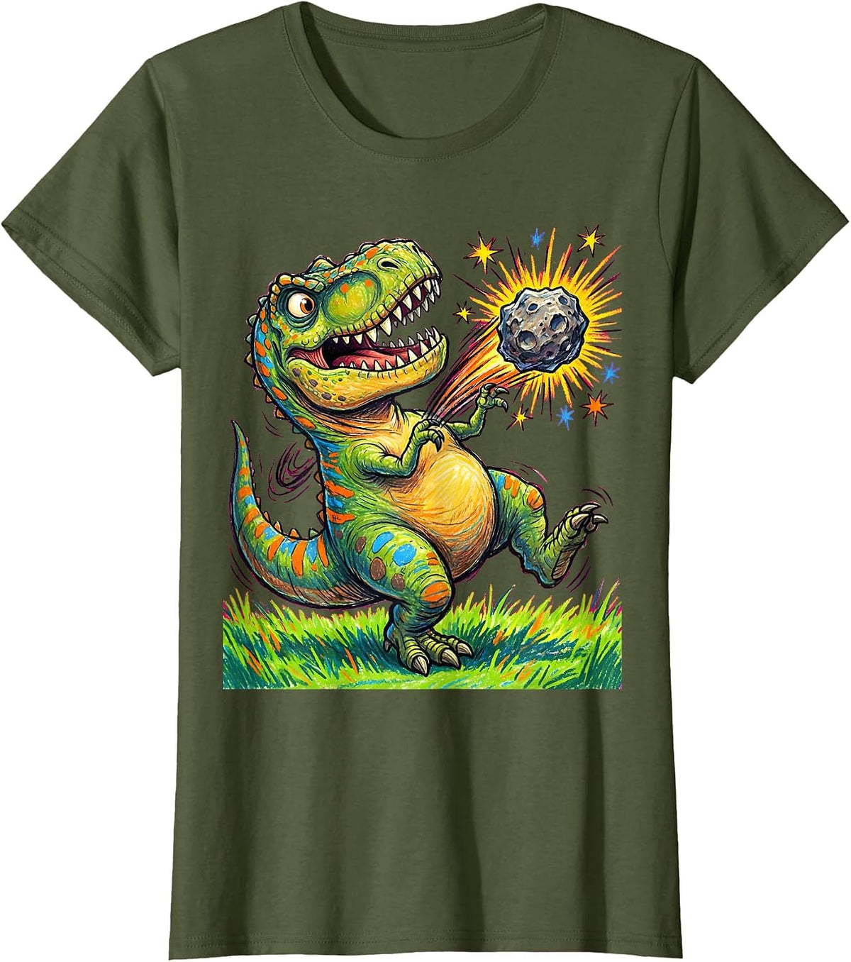 Women's T-Rex Throwing Meteor Funny Dinosaur Yeet T-Shirt - Olive Green