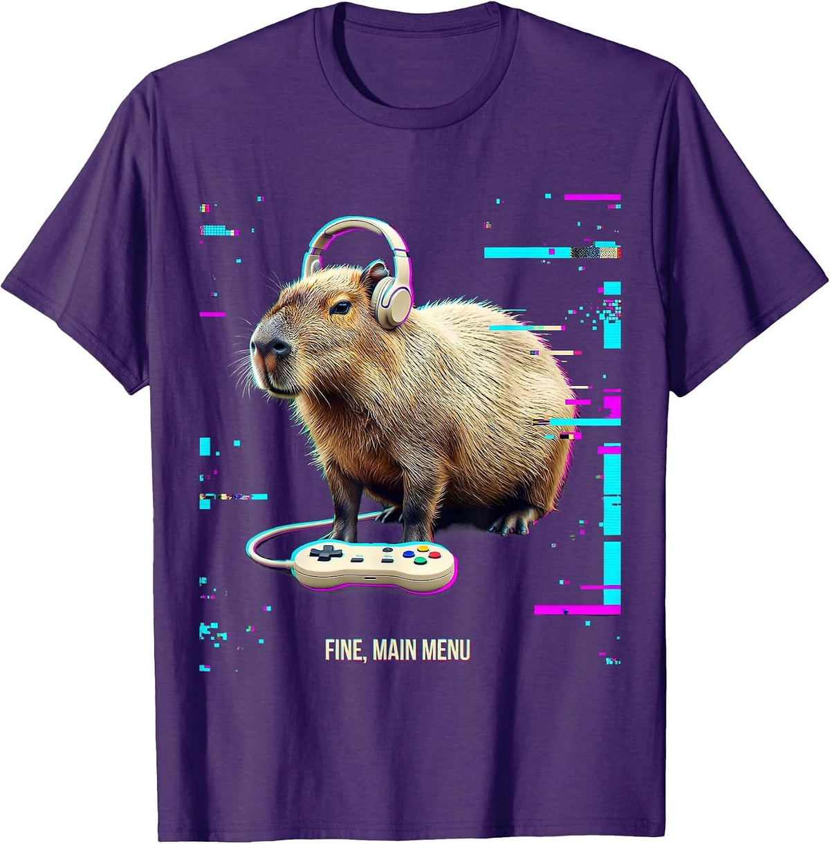 Men's Fine, Main Menu Glitch Datamosh Capybara Gamer Bruh Meme T-Shirt - Purple