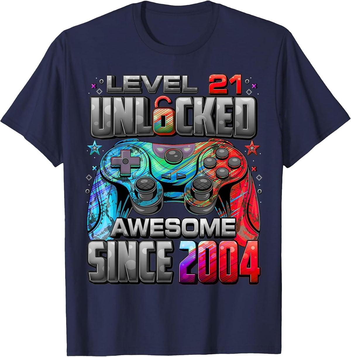 Level 21 Unlocked Awesome Since 2004 21st Birthday Gaming T-Shirt - Navy Blue