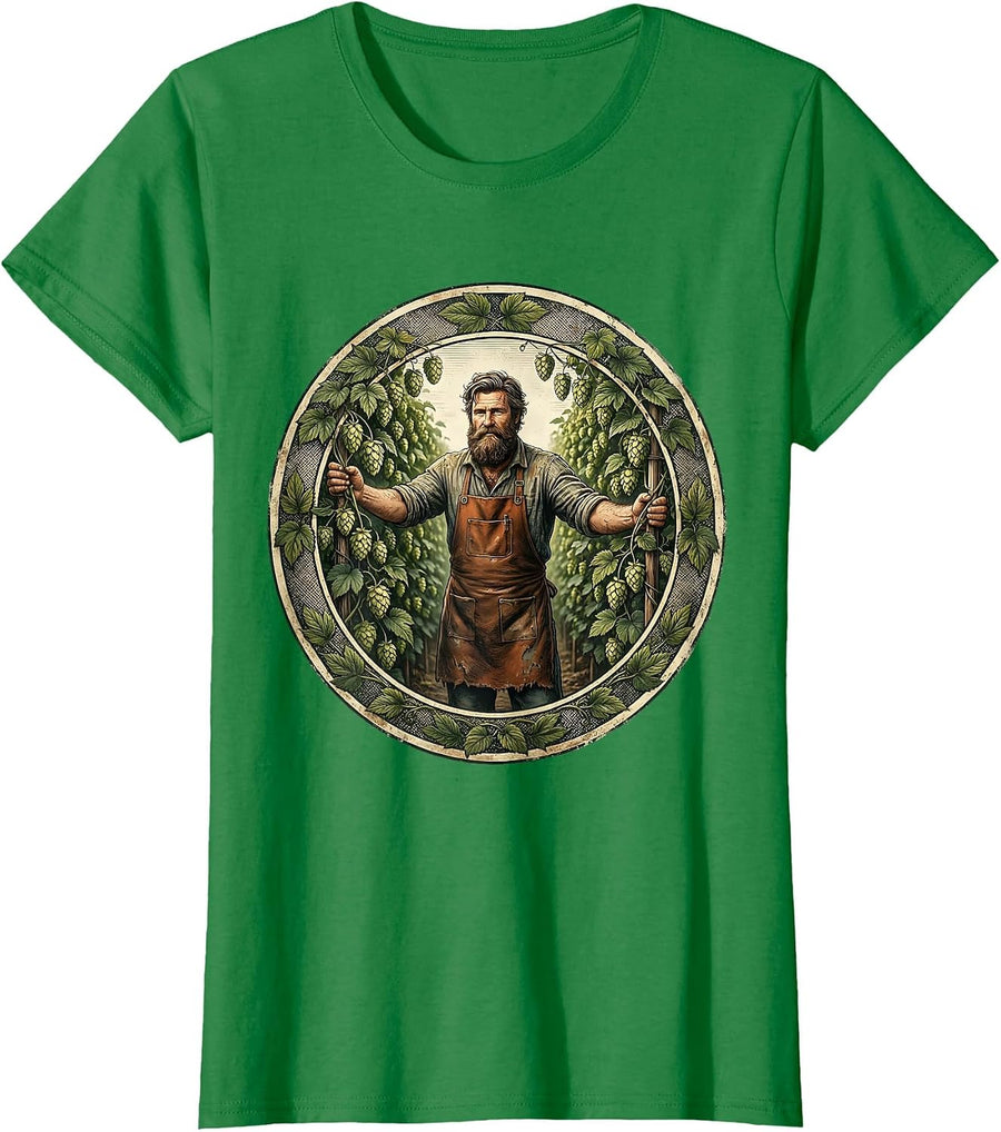Women's Bearded Hop Farmer Beer Garden Illustration T-Shirt - Kelly Green