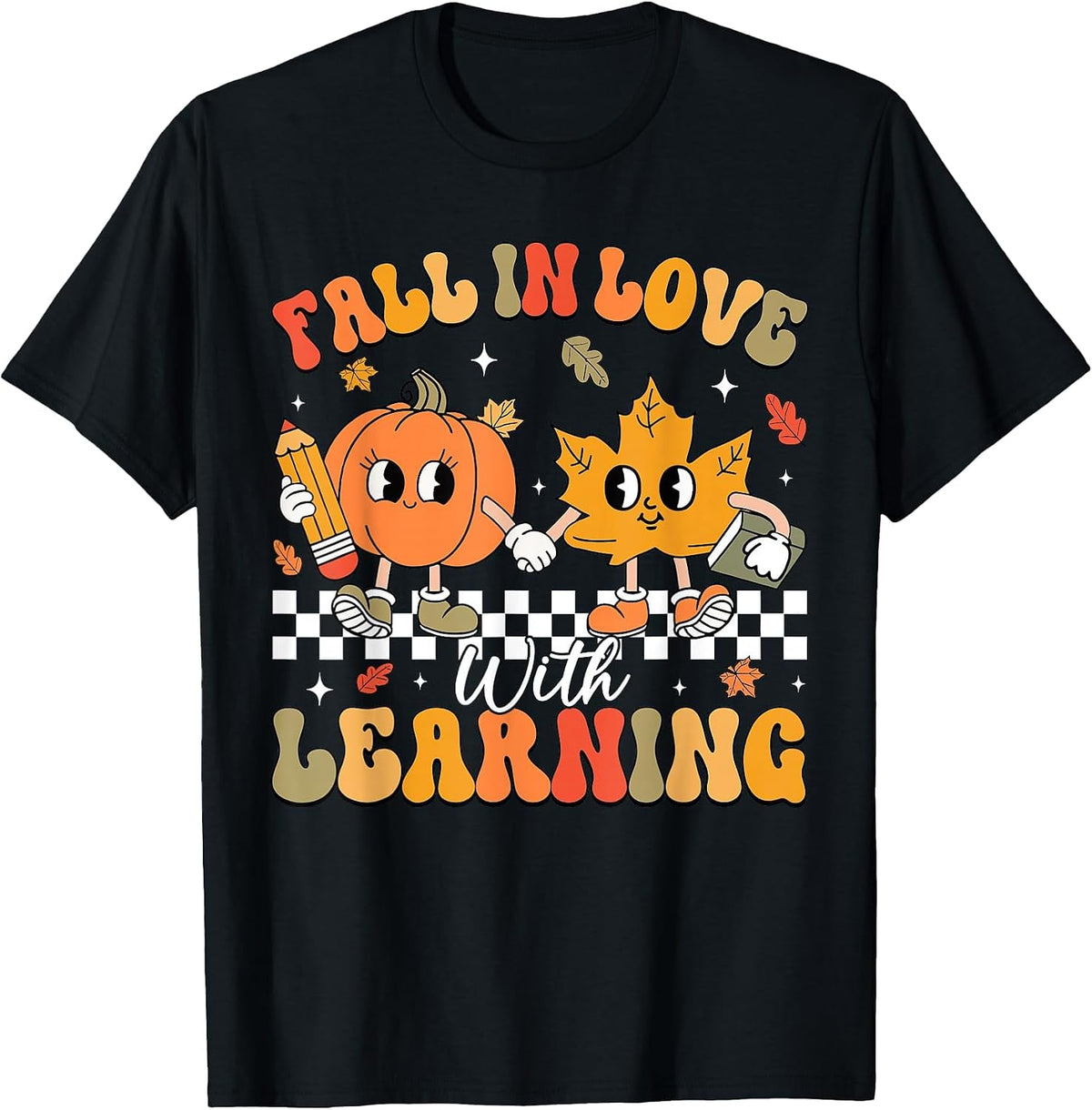 Retro Fall in Love with Learning Autumn Pumpkin Teacher T-Shirt - Black