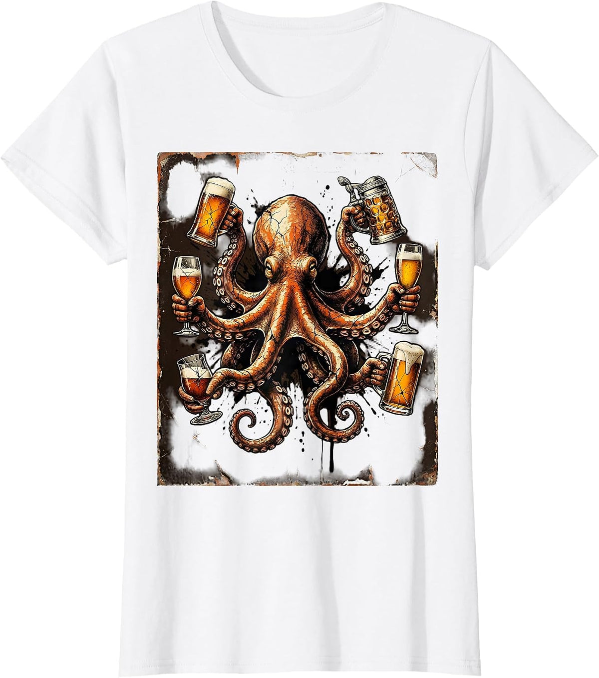 Octopus Cheers Beer Lover Graphic Design T-Shirt - White