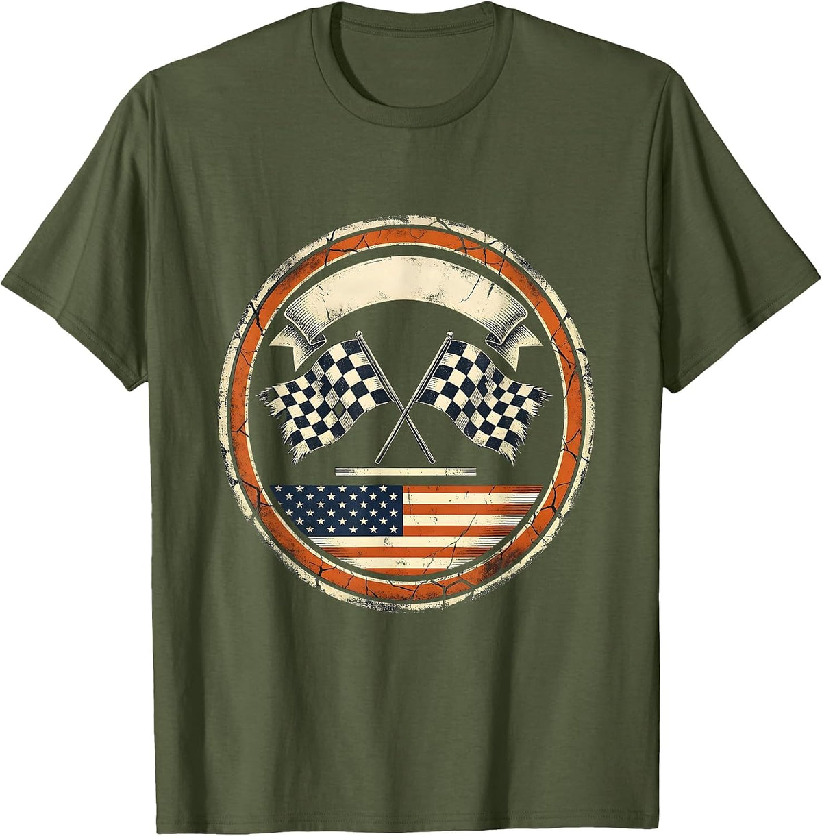 Men's Sealed Badge Distressed Racing Fan Checkered Flag T-Shirt - Olive Green