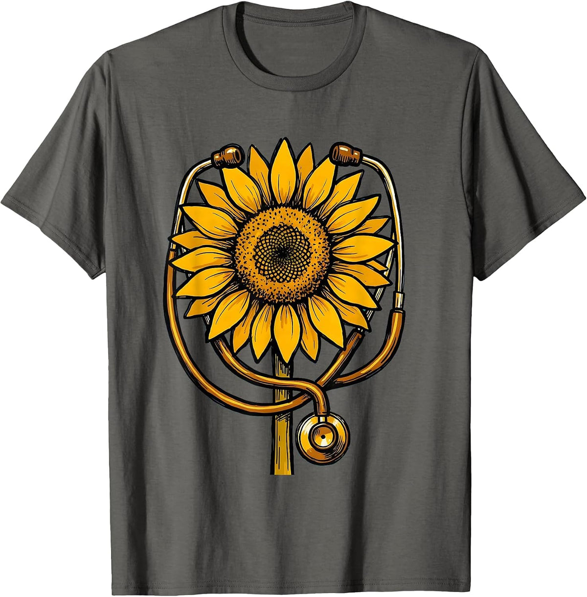 Occupational Therapy Stethoscope Sunflower Design T-Shirt - Asphalt Grey