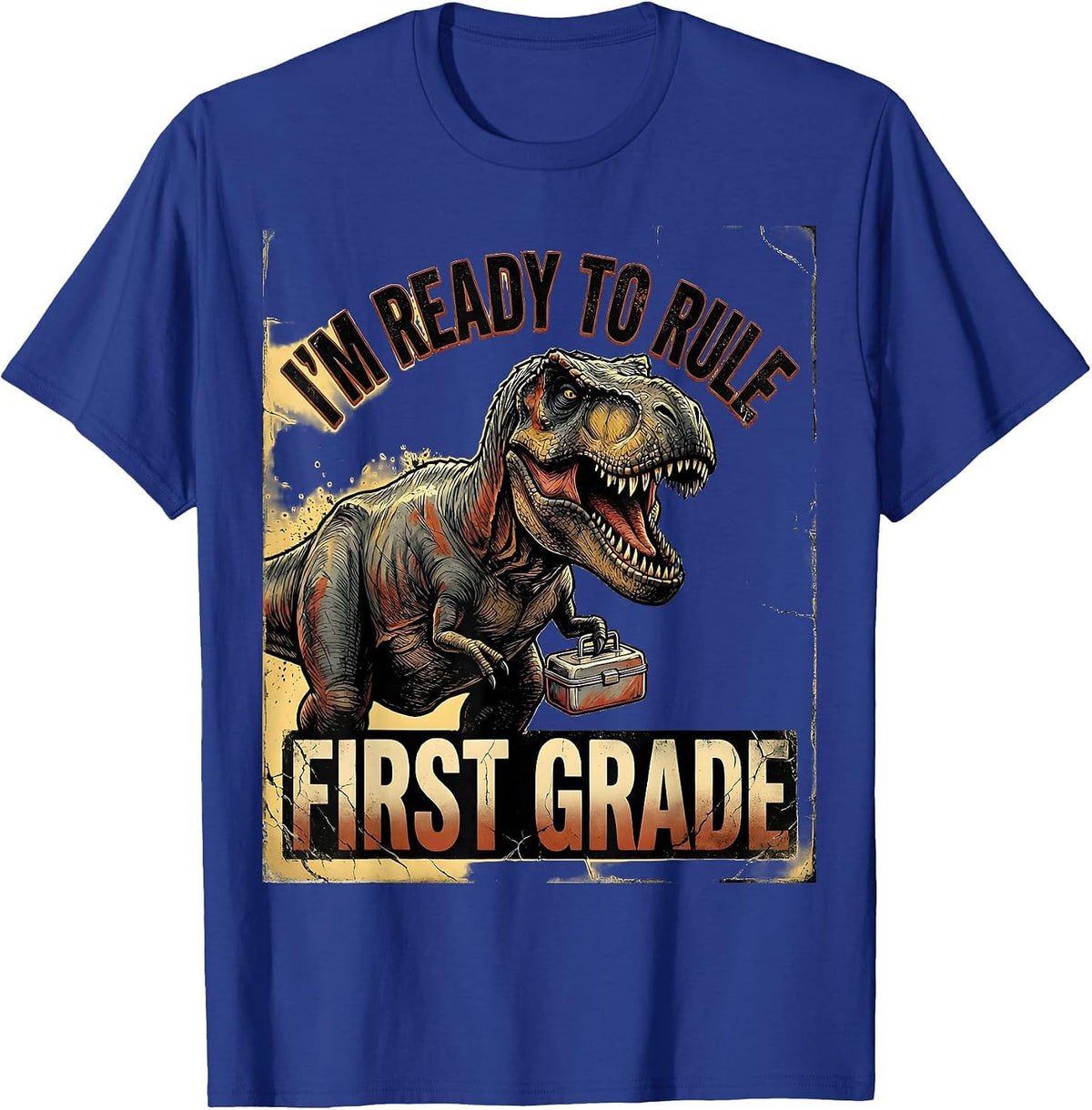 Men's I'm Ready To Rule First Grade Distressed Dinosaur Back T-Shirt - Royal Blue