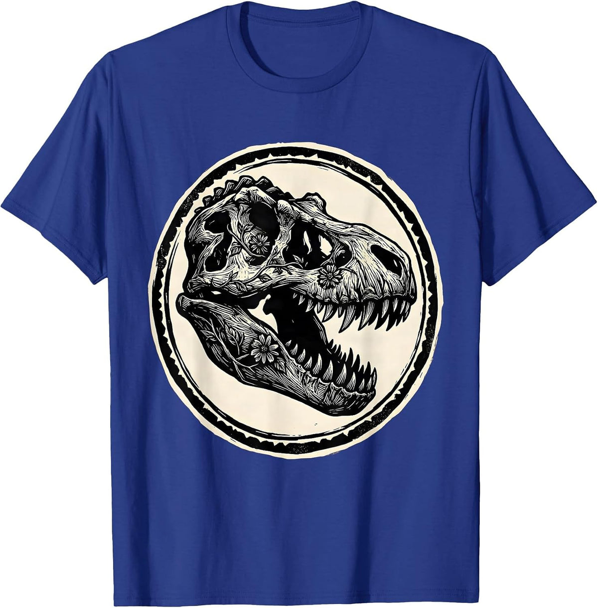 T-Rex Skull Floral Vine Dinosaur Graphic T-Shirt - Royal Blue