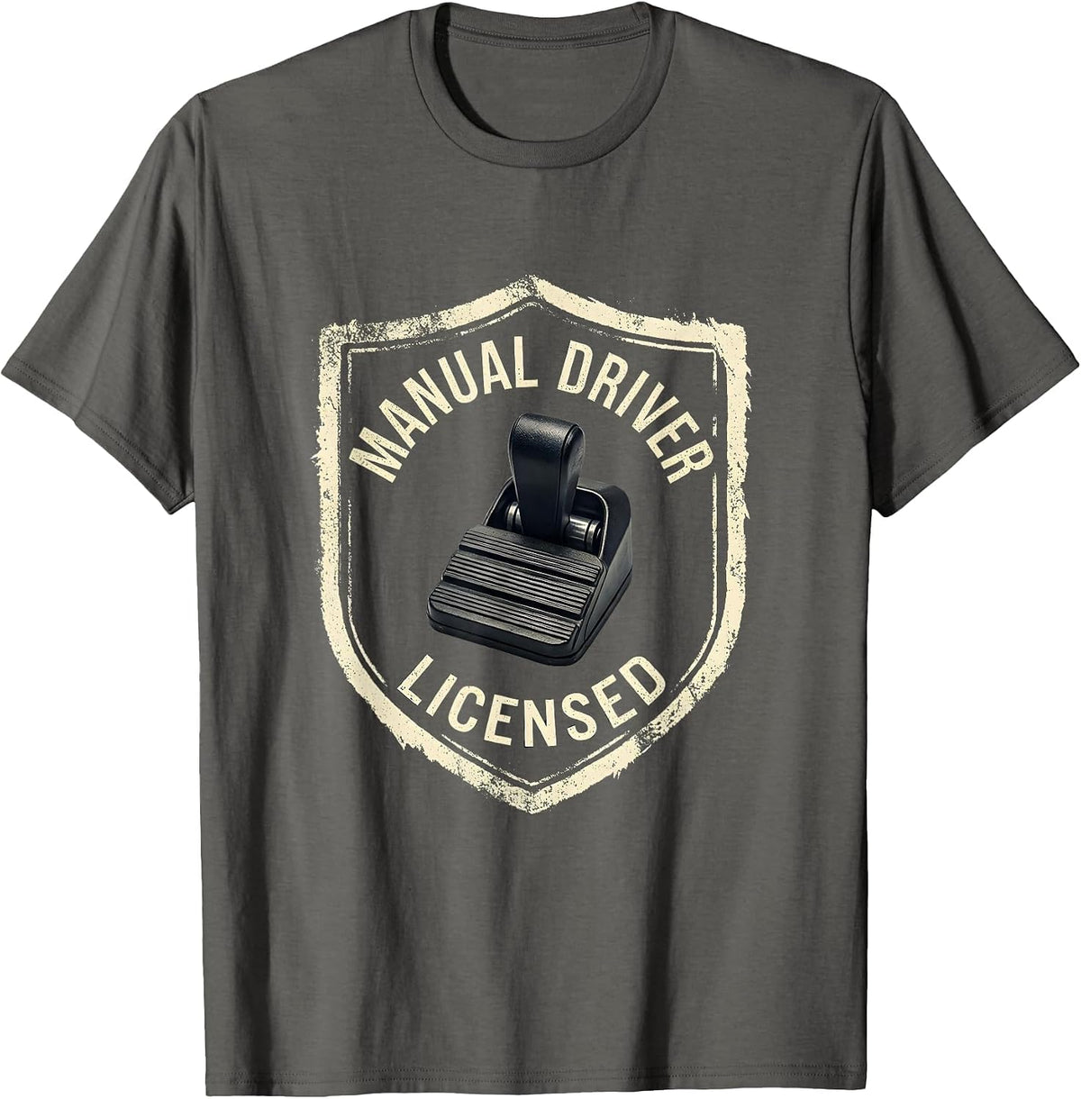 Manual Driver Licensed Rubber Stamp Car Guy Stick Shift T-Shirt - Asphalt Grey