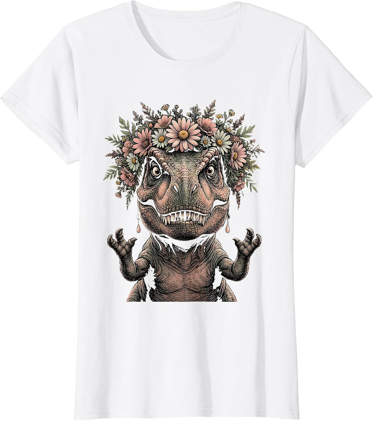 Women's Dinosaur Flower Crown and Earrings Funny Dino T-Shirt - White