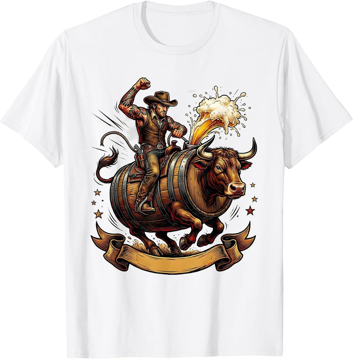 Men's Beer Barrel Bull Rider Funny Drinking Graphic T-Shirt - White