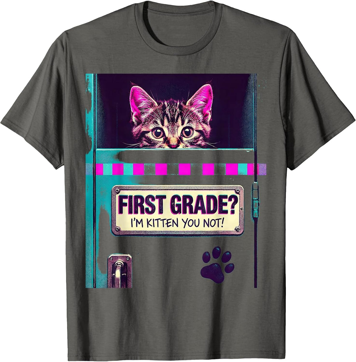 Men's First Grade? I’m Kitten You Not Cute Cat Lover Back T-Shirt - Asphalt Grey