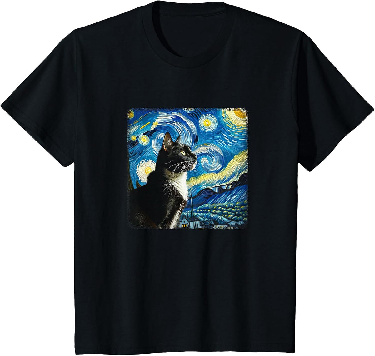 Tuxedo Cat Starry Night - Van Gogh Style - T-Shirt - Black