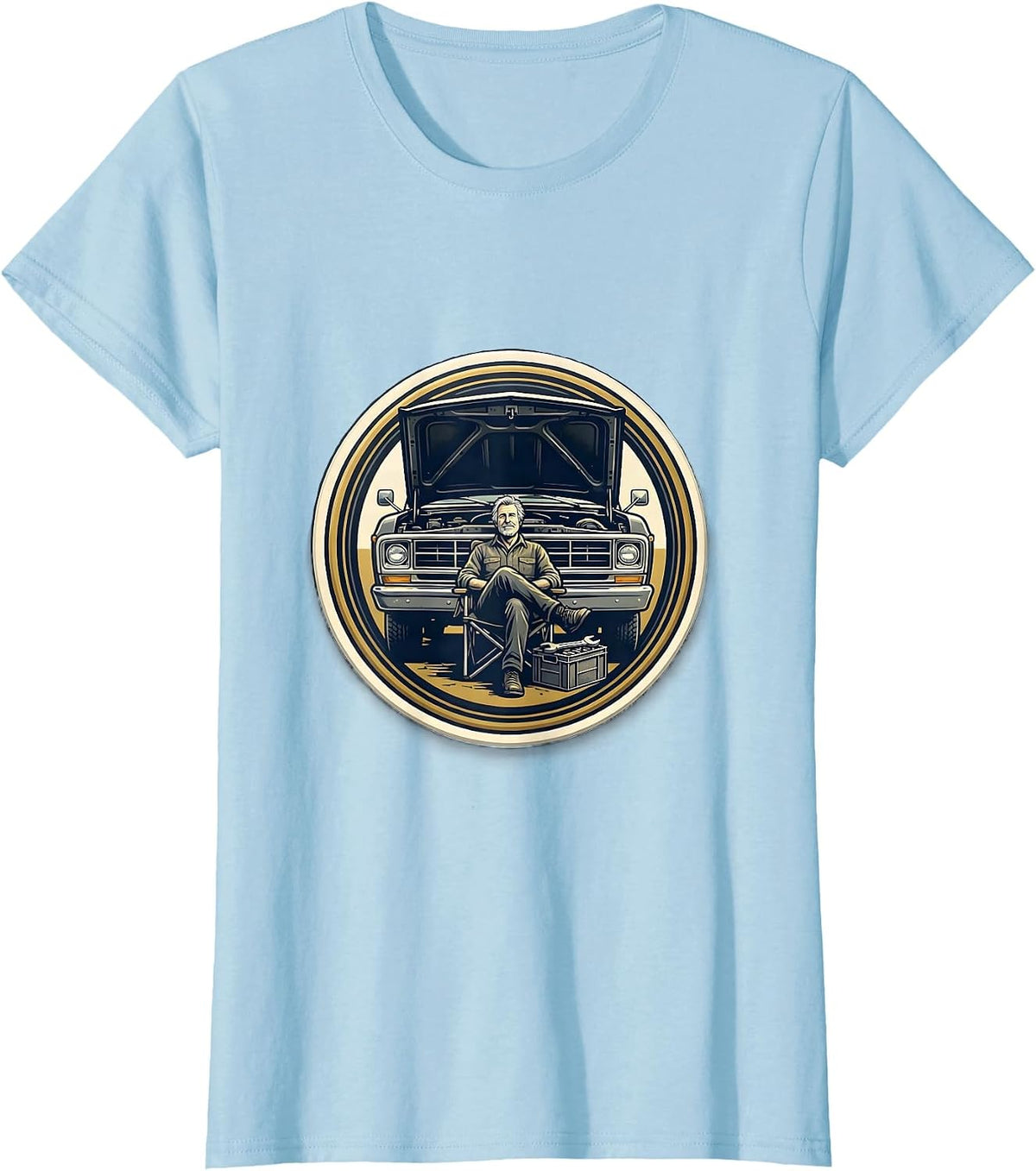 Classic Car Guy Vintage Pickup Mechanic Emblem T-Shirt - Baby Blue