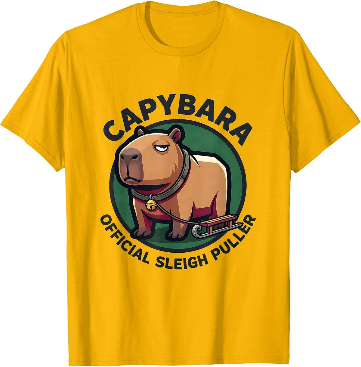 Capybara: Official Sleigh Puller Funny Ugly Sweater T-Shirt - Golden Yellow