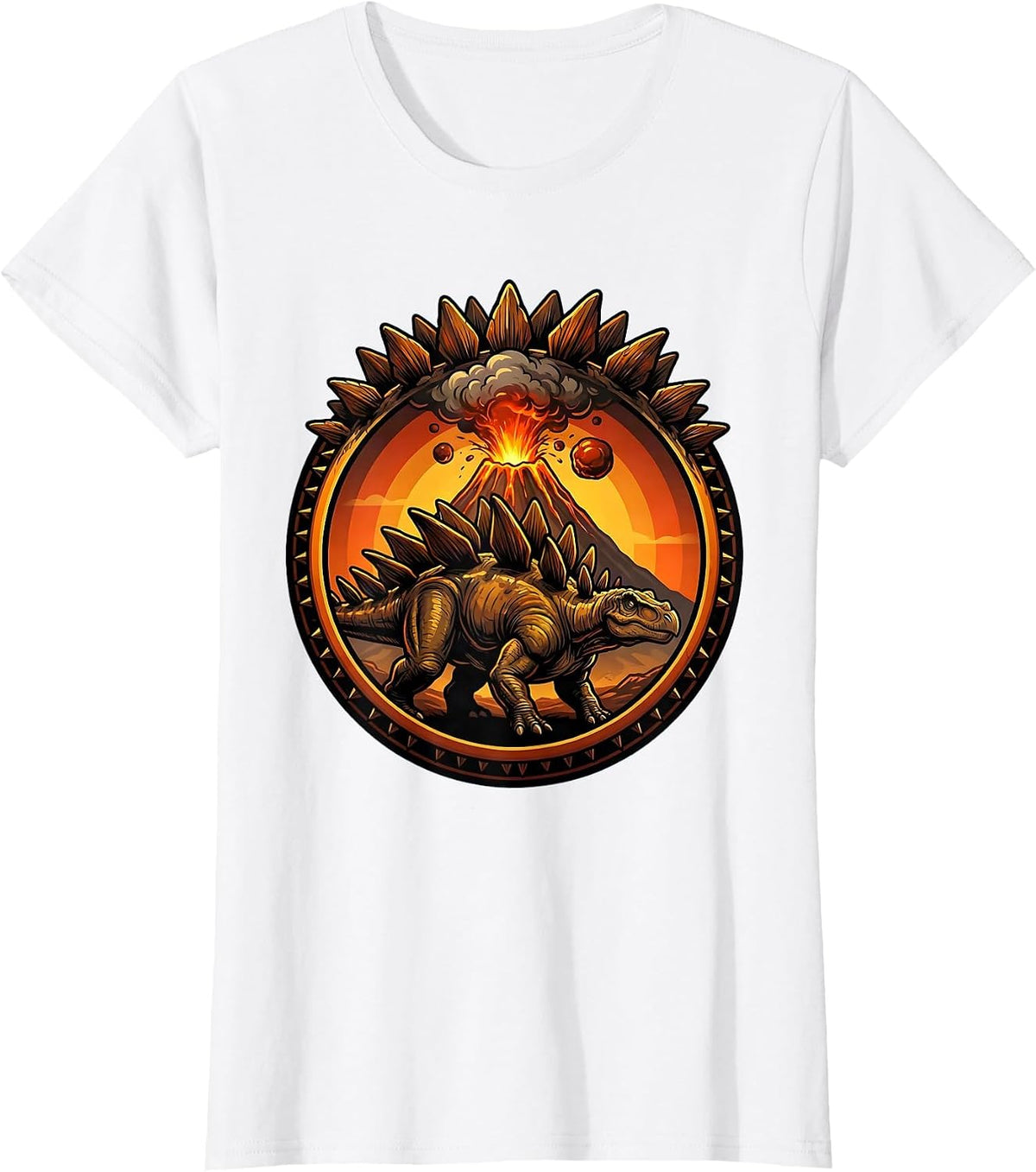 Stegosaurus Silhouette Volcano Sunset Dinosaur T-Shirt - White