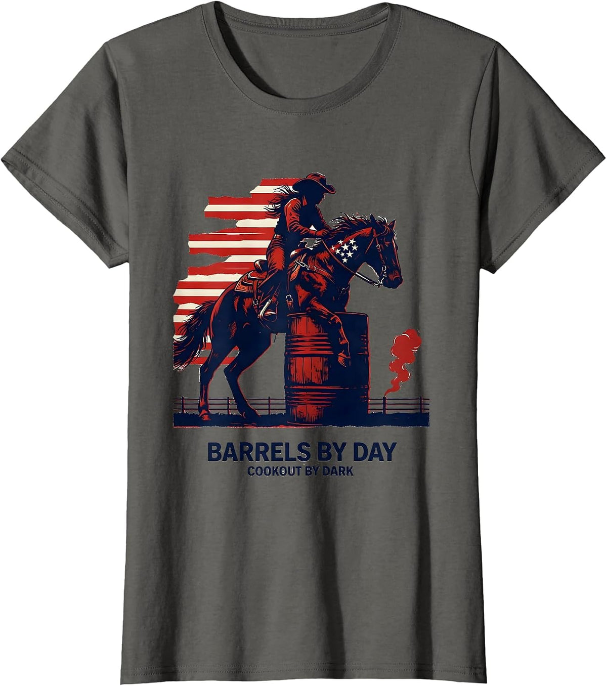 Women's Barrels By Day, Cookout By Dark Patriotic Horse 4th of July T-Shirt - Asphalt Grey