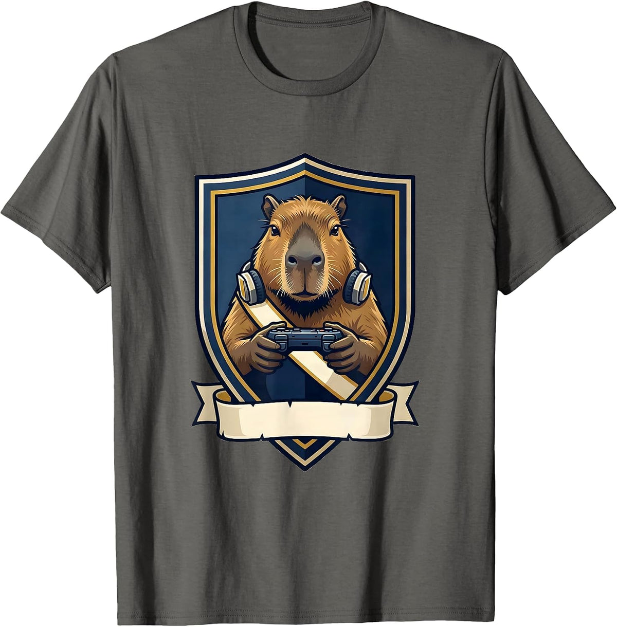 Men's Capybara Gamer Emblem Bruh Meme Humor T-Shirt - Asphalt Grey