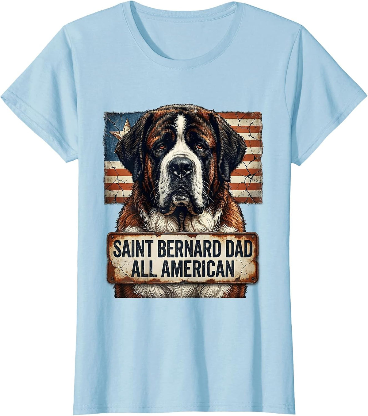 Women's Saint Bernard Dad, All American Distressed Patriotic Dog T-Shirt - Baby Blue