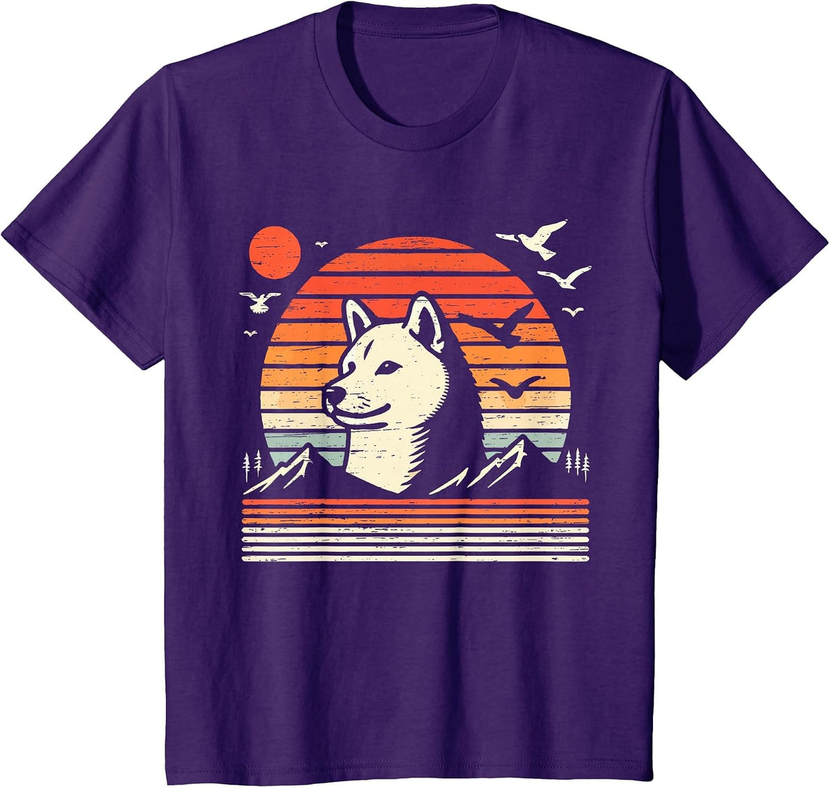 Vintage Shiba Inu Sunset Mountains Birds T-Shirt - Purple