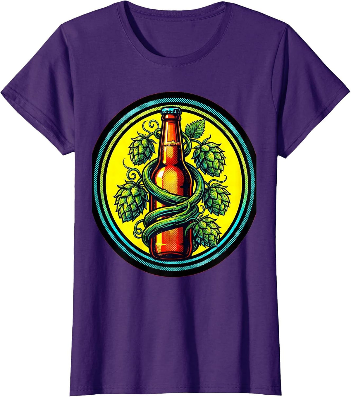 Women's Hop Vine Beer Bottle Botanical Illustration T-Shirt - Purple