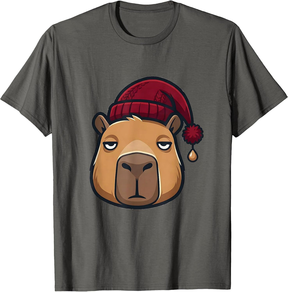 Capybara Nightcap Christmas Family Humor Animal Lover T-Shirt - Asphalt Grey
