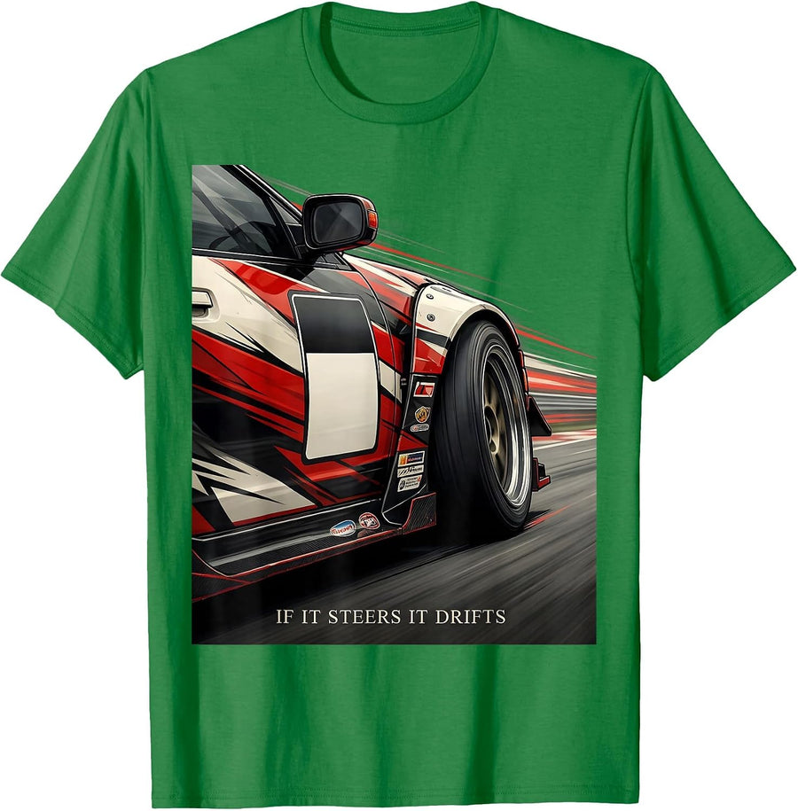Men's If It Steers It Drifts Retro Vintage JDM Drift Car Graphic T-Shirt - Kelly Green
