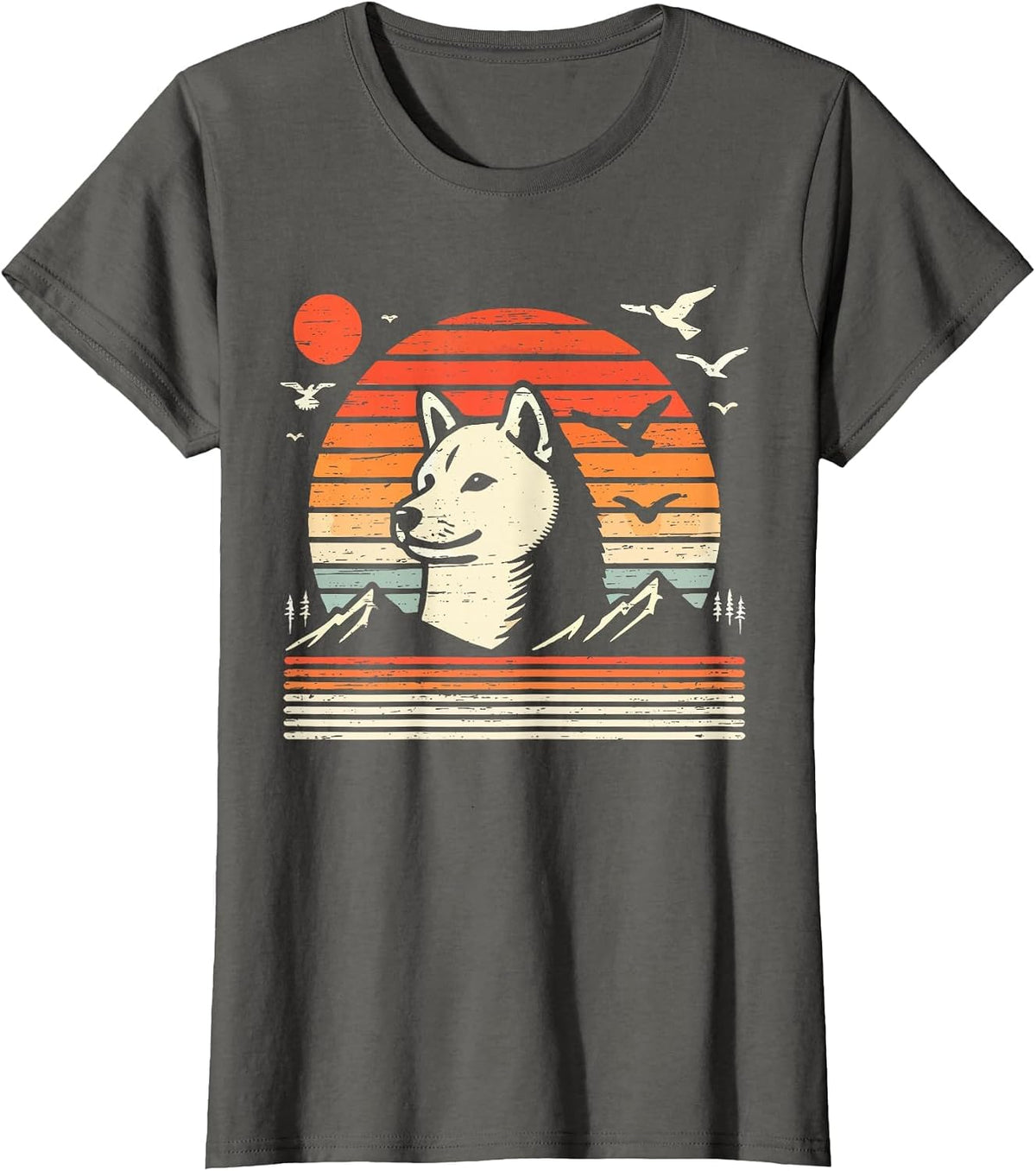Vintage Shiba Inu Sunset Mountains Birds T-Shirt - Asphalt Grey