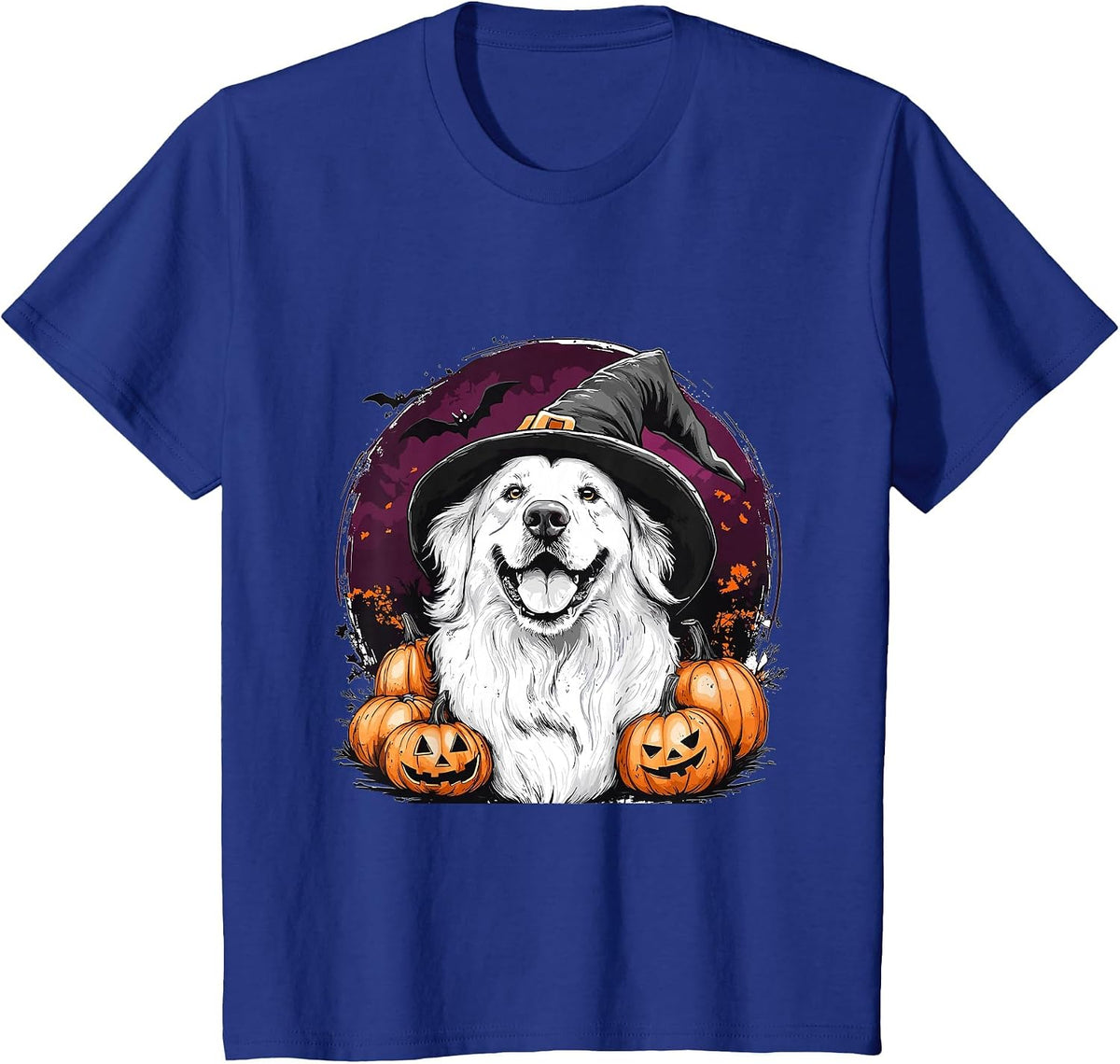 Great Pyrenees Dog Whitch Hat Halloween Pumpkin Spooky Happy T-Shirt - Royal Blue