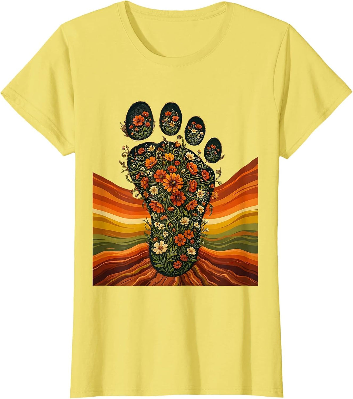 Women's Dino Footprint Blooming Flowers Dinosaur Design T-Shirt - Lemon Yellow