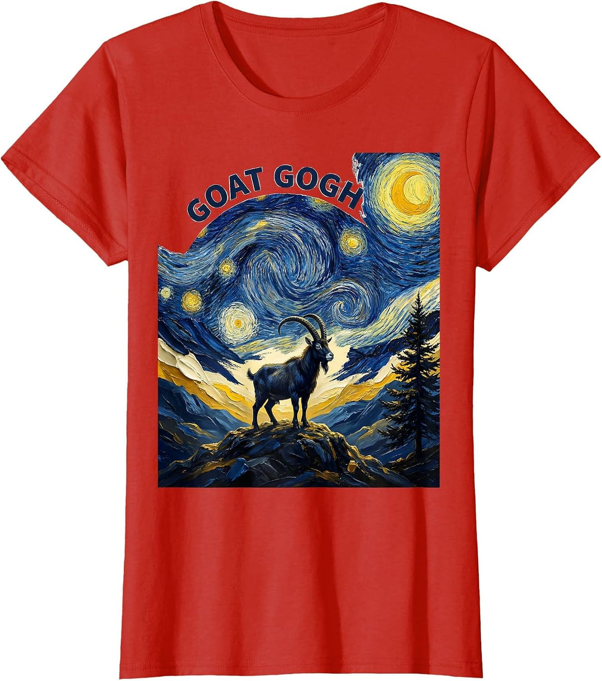 Goat Gogh Whimsical Van Gogh Starry Night Animal Lover T-Shirt - Red
