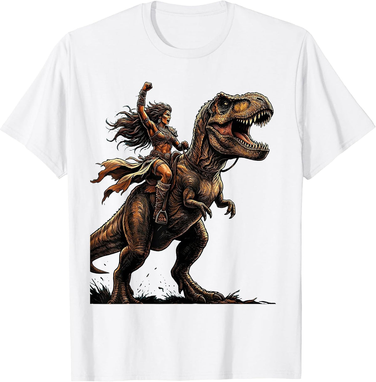 Men's Dino Rider Wild T-Rex Rearing Dinosaur Design T-Shirt - White