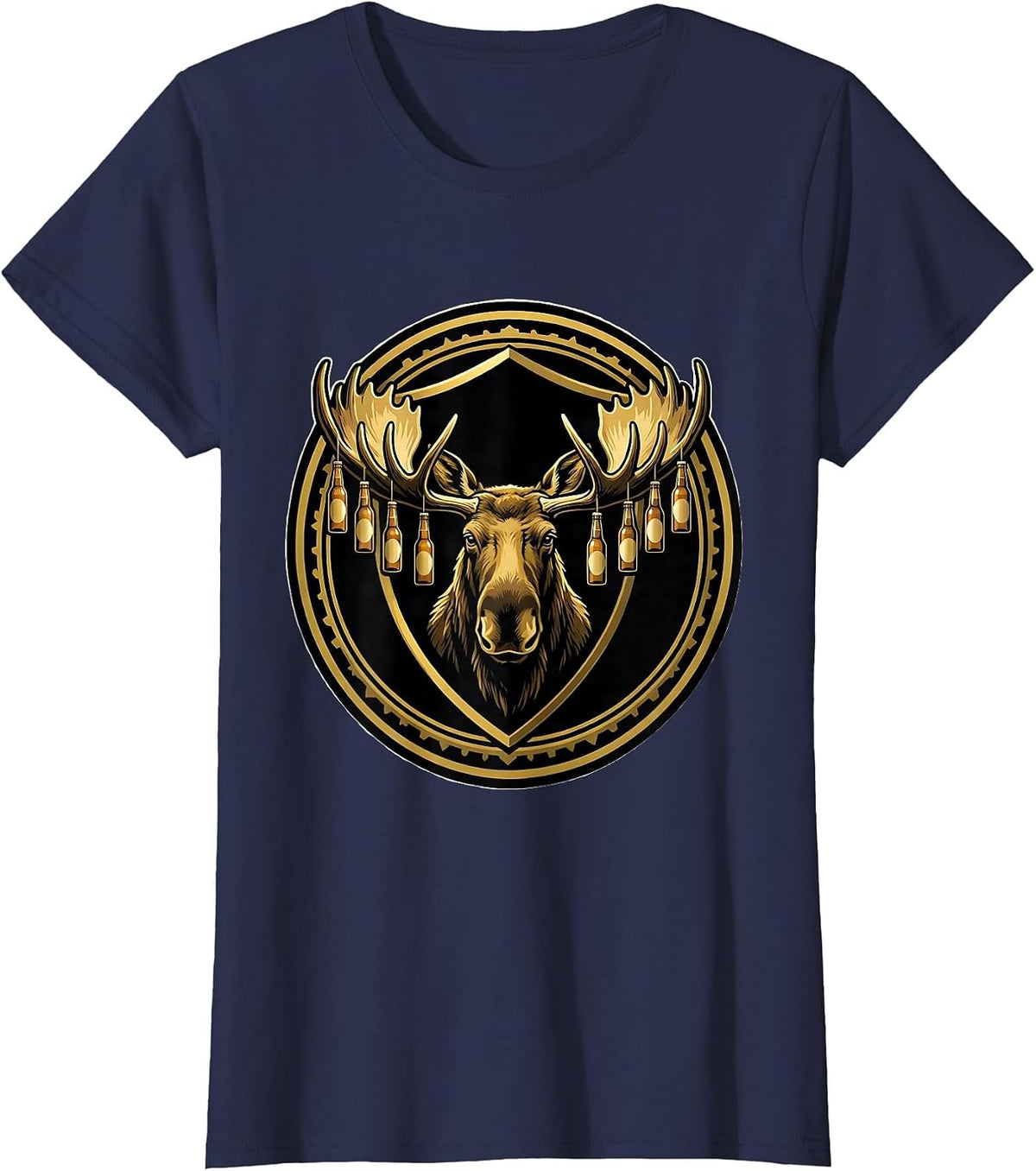 Women's Moose Antlers Beer Bottles Graphic Design T-Shirt - Navy Blue