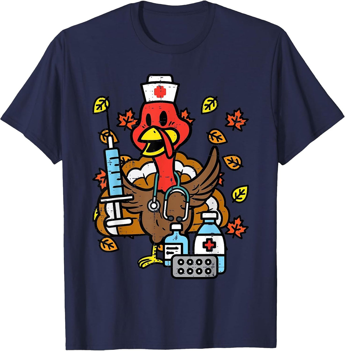 Turkey Nurse Thanksgiving Fall Scrub Nursing RN ICU ER Nicu T-Shirt - Navy Blue