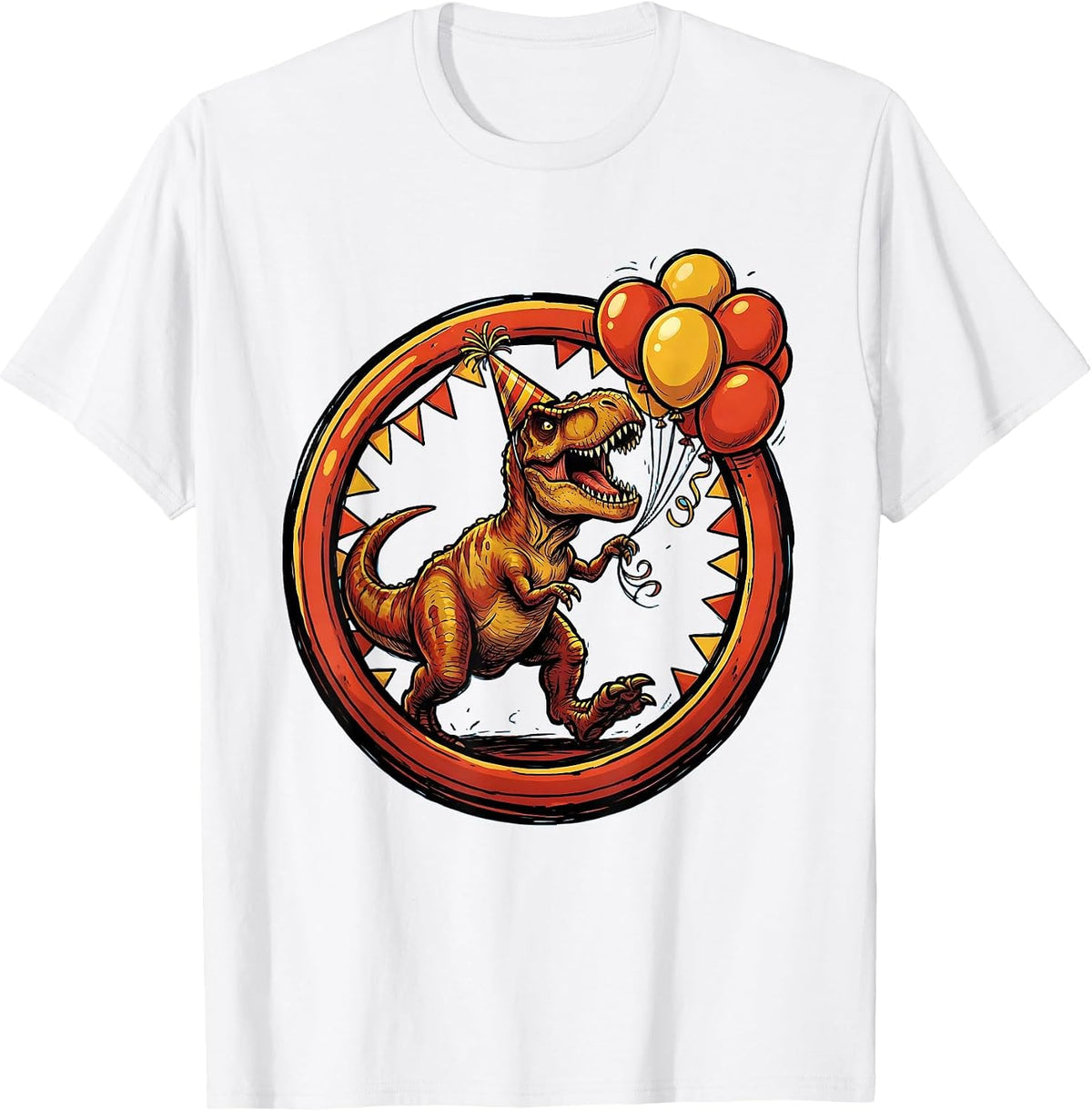 Men's T-Rex Chasing Birthday Balloons Funny Dinosaur T-Shirt - White