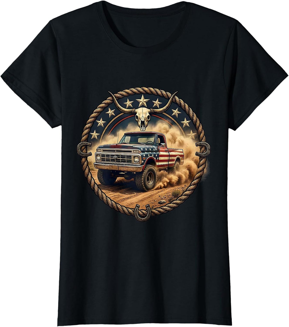 Classic Pickup Truck Dirt Road Americana Graphic T-Shirt - Black