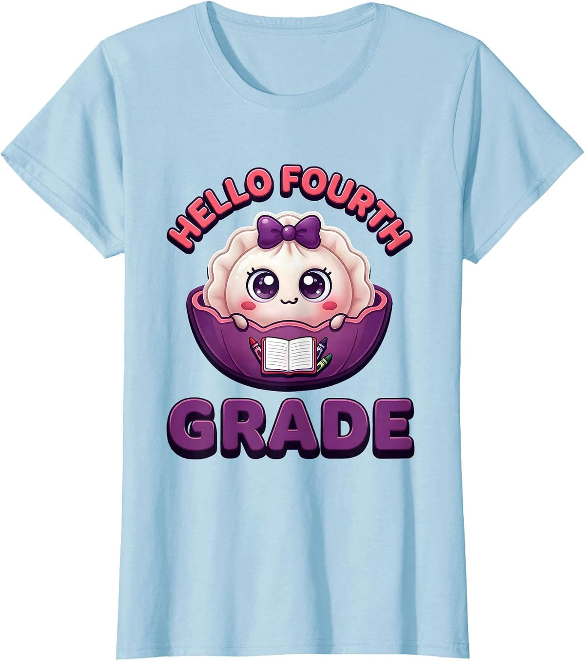 Hello Fourth Grade Cute Dumpling Back to School Girl Teacher T-Shirt, Women, Baby Blue, Small - As Pictured