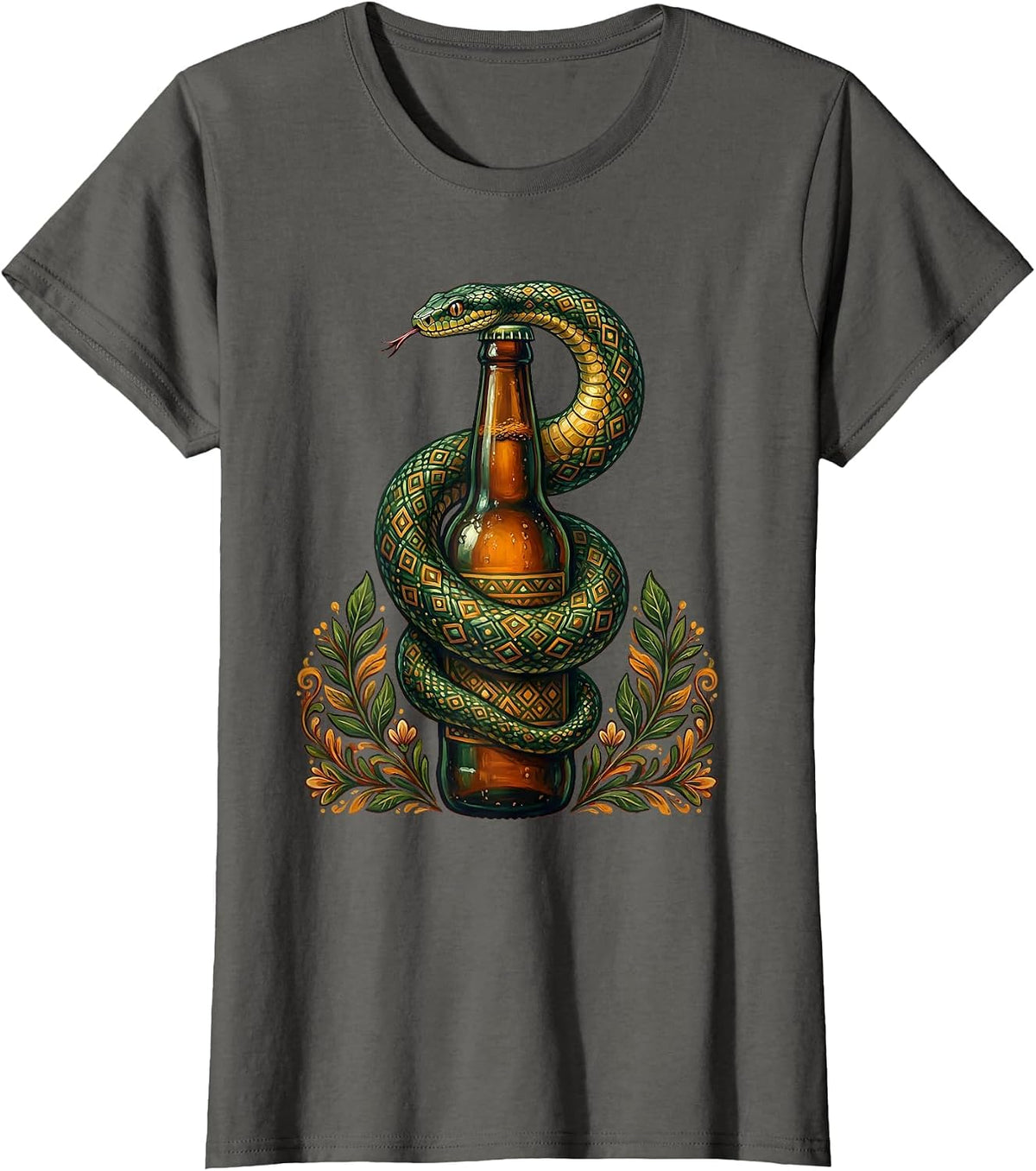 Women's Snake Coiled Around Beer Bottle Graphic T-Shirt - Asphalt Grey