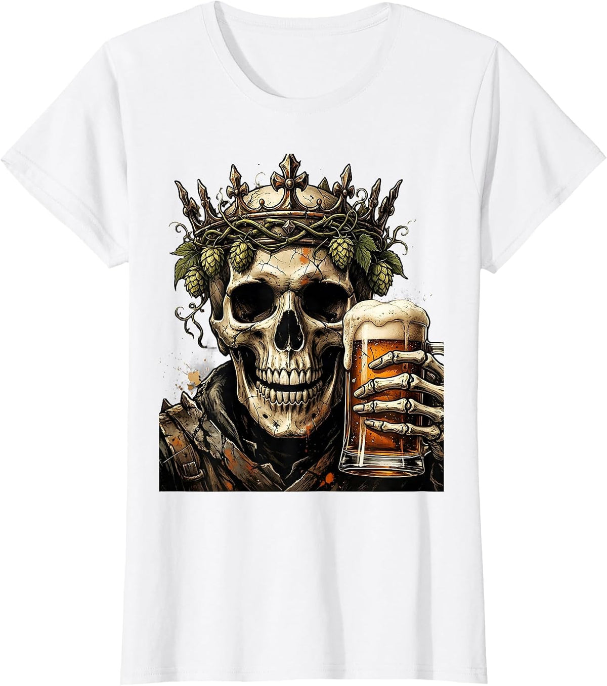 Women's Skull Hops Crown Beer Pint Graphic T-Shirt - White